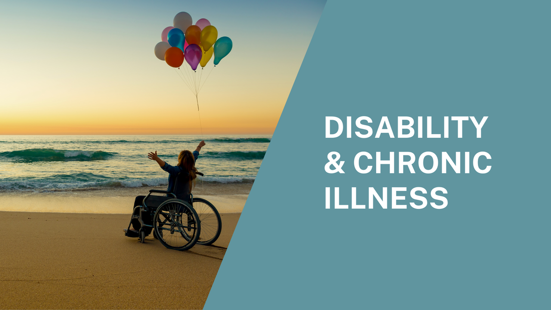 Photo Description: A woman in a wheelchair, on a beach at sunset, facing the sea. She's released a bundle of rainbow coloured balloons. Beside the photo is a diagonal blue background with Disability & Chronic Illness in white font. 