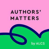 Authors' Matters podcast logo, black text on a pink and green wavy background.