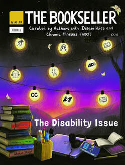 The 2022 illustrated cover of The Bookseller Disability Issue showing a desk with tools to improve accessibility to reading and writing.