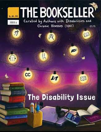 An illustration of the night sky with a string of lights, on each bowl shows a symbol representing accessible reading. At the bottom is a desk with accessible writing tools.