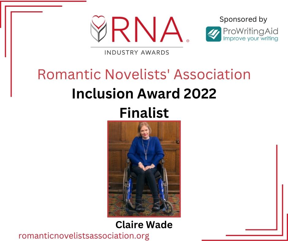 An image of a white woman in a blue jumper sitting in a blue wheelchair. The text reads I am a finalist in the Romantic Novelists Association Inclusion Award 2022. 