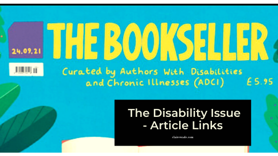 The top of The Disability Issue cover with The Bookseller in yellow font on a blue background and The Disability Issue - article links is written in white font on a black background.